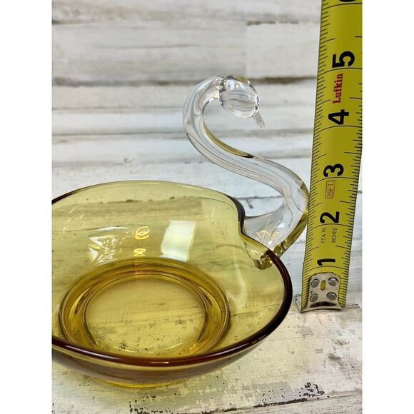 MCM New Martinsville Glass Heart Shape Amber & Clear Swan Bowl Nut Dish - Picture 5 of 6